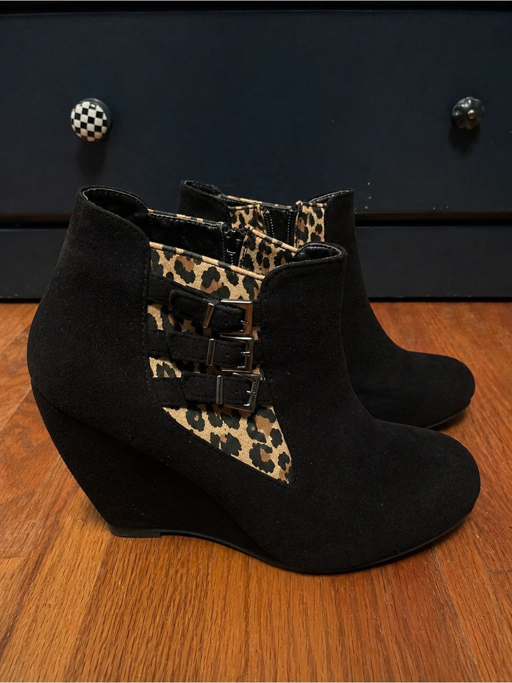 2 Lips Too Black Suede Wedge Ankle Boots with Leopard Panel
